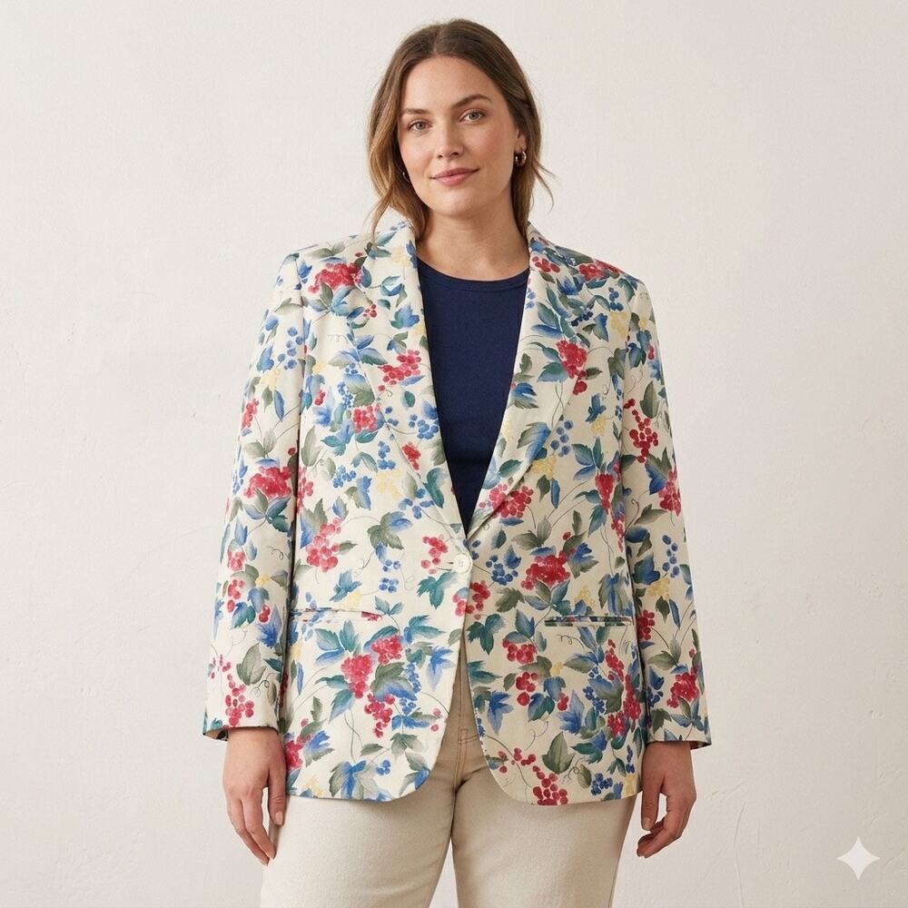 VTG Pendleton Country Sophisticates Floral Berry Blazer Suit Jacket White Sz 14